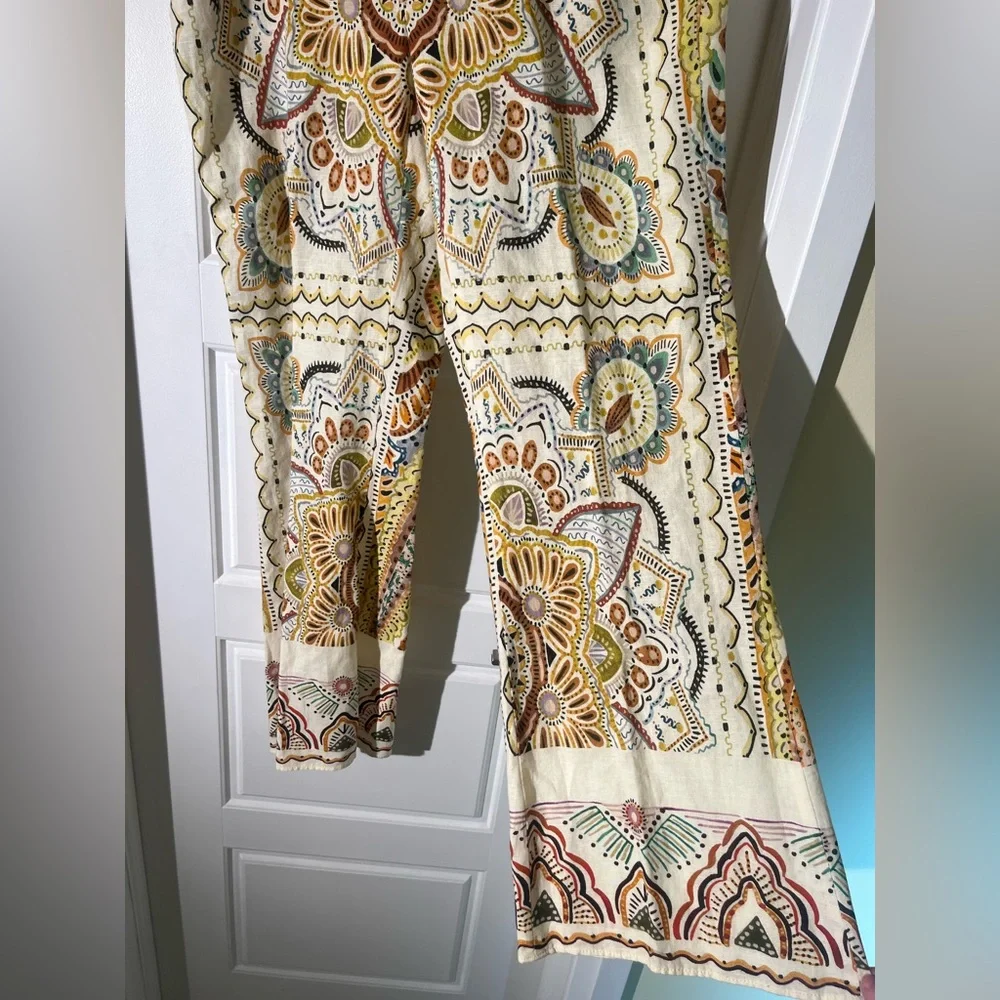 Zara Printed Linen Blend Wide Leg Pants - Boho Paisley Mandala - Sz Large - Picture 5 of 9